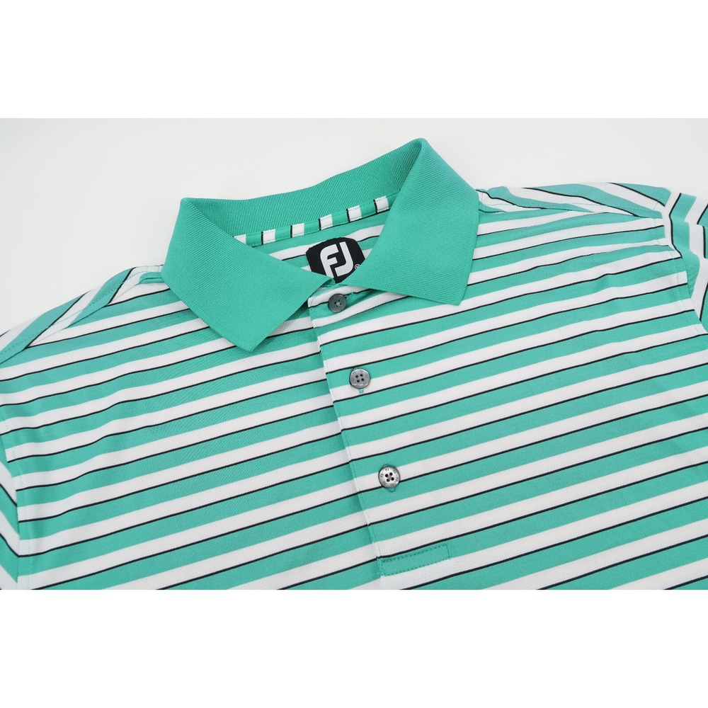 Footjoy Mens Medium Teal Blue Striped Golf Performance Polo Shirt Stretch